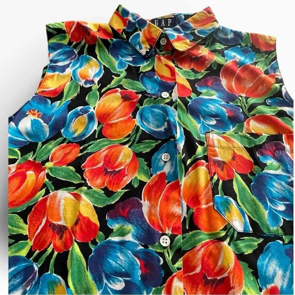 Gap 90s vintage sleeveless button-down shirt 100% cotton colorful floral tulip